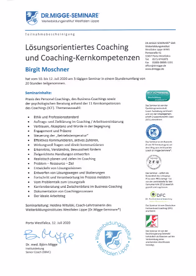 Zertifikate von Birgit Moschner-Coaching