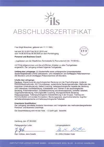 Zertifikate von Birgit Moschner-Coaching