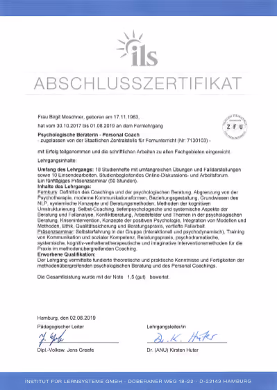Zertifikate von Birgit Moschner-Coaching